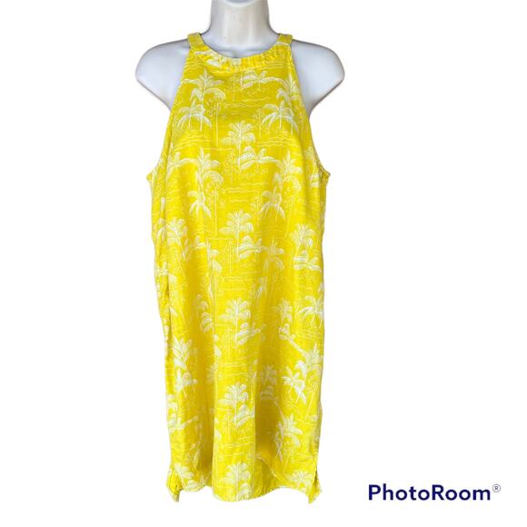 C&C California 100% Linen Yellow Palm Print Sleeveless Dress Womens L - Picture 1 of 12